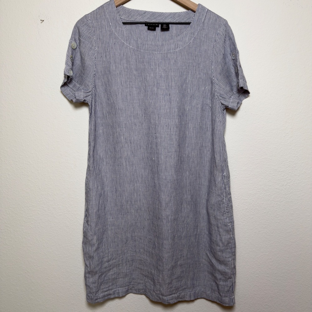 Tahari Women 100% Linen Dress M Blue Striped Button Sleeve Pockets Shift Mini
